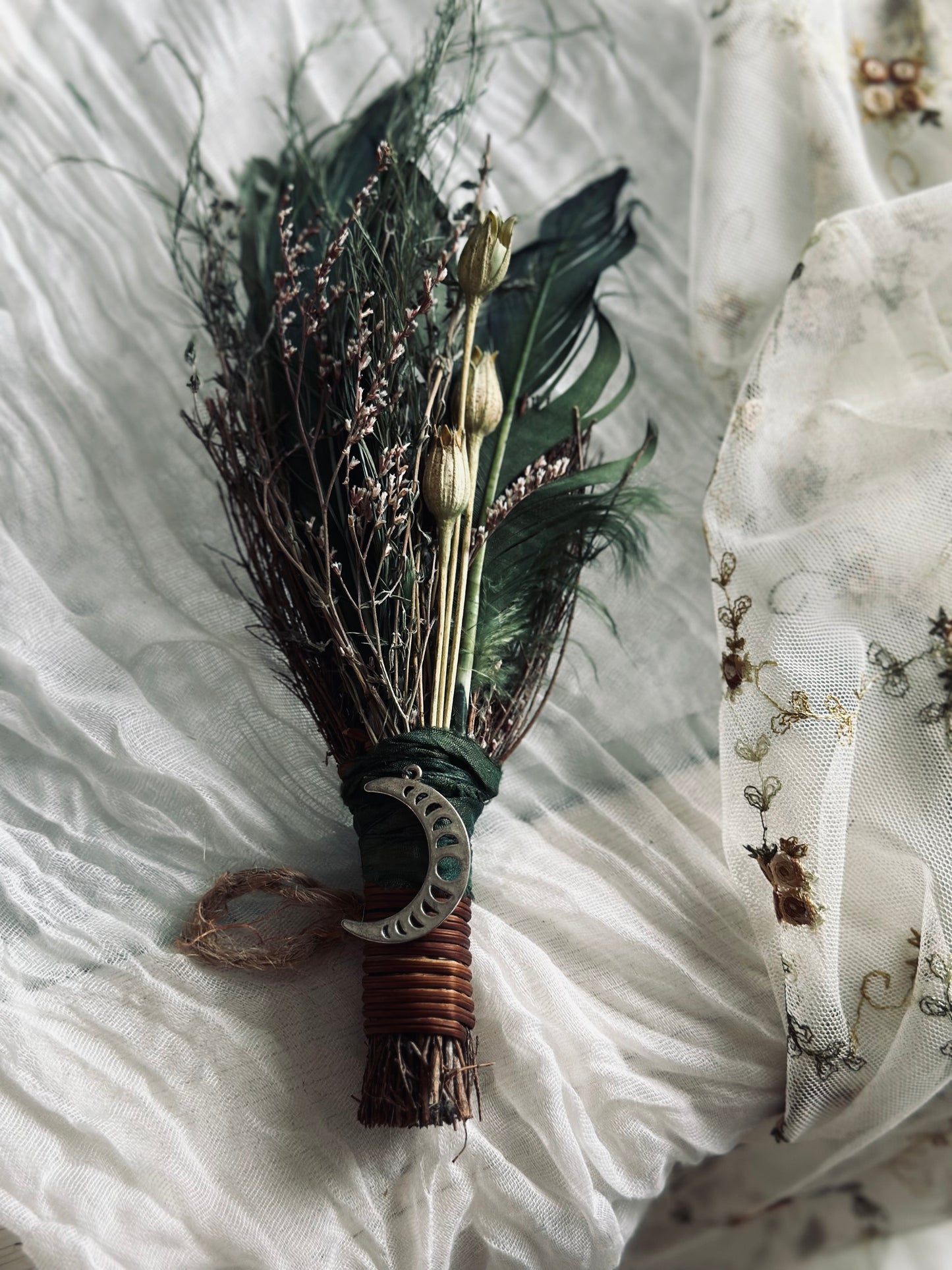 Cinnamon and Pine Besom Broom with Moon Charm