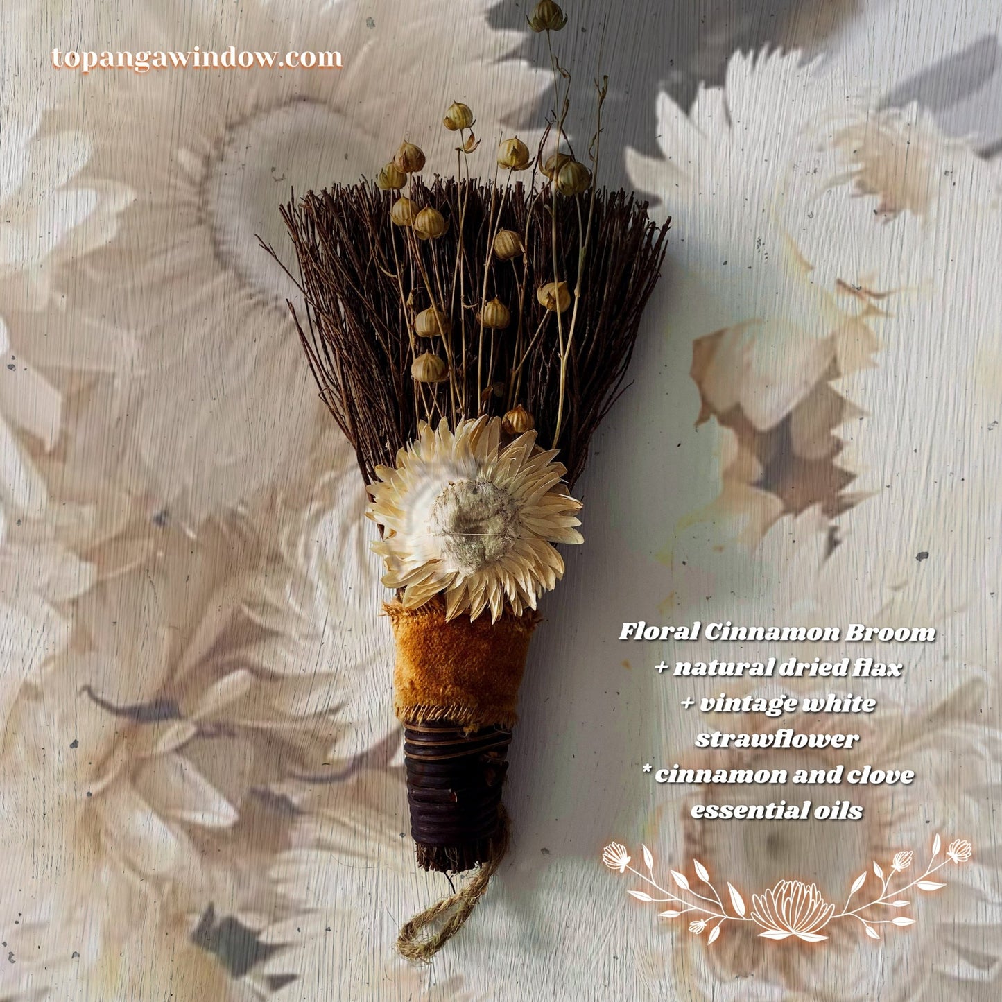 CINNAMON BROOM + Vintage White Strawflower