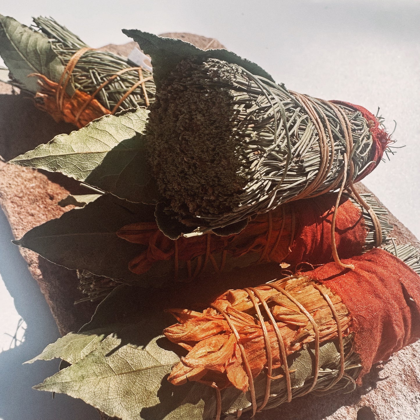 Bundles of herbs and leaves tied with twine on a textured surface
