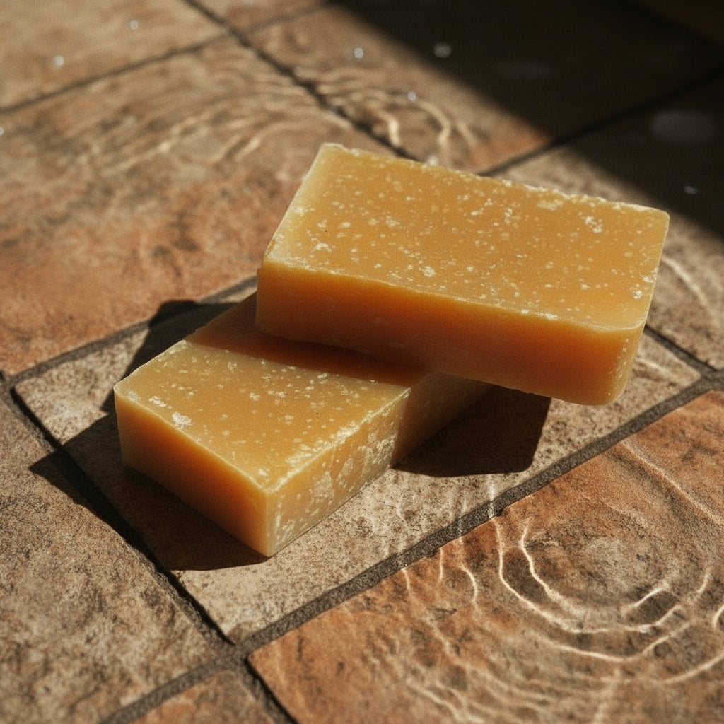 Two stacked bars of brown soap on a rustic wooden surface