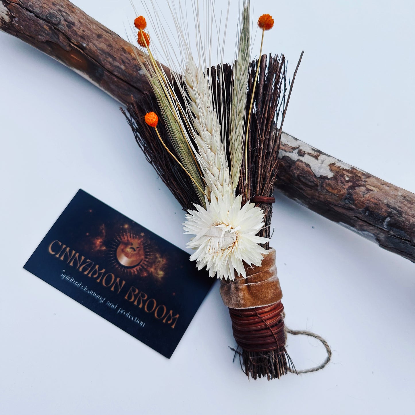 Decorated Cinnamon Broom with Dried Autumn Harvest Florals