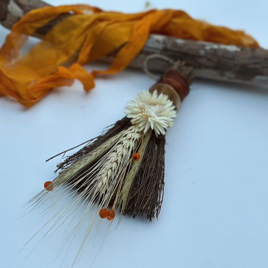 Decorated Cinnamon Broom with Dried Autumn Harvest Florals