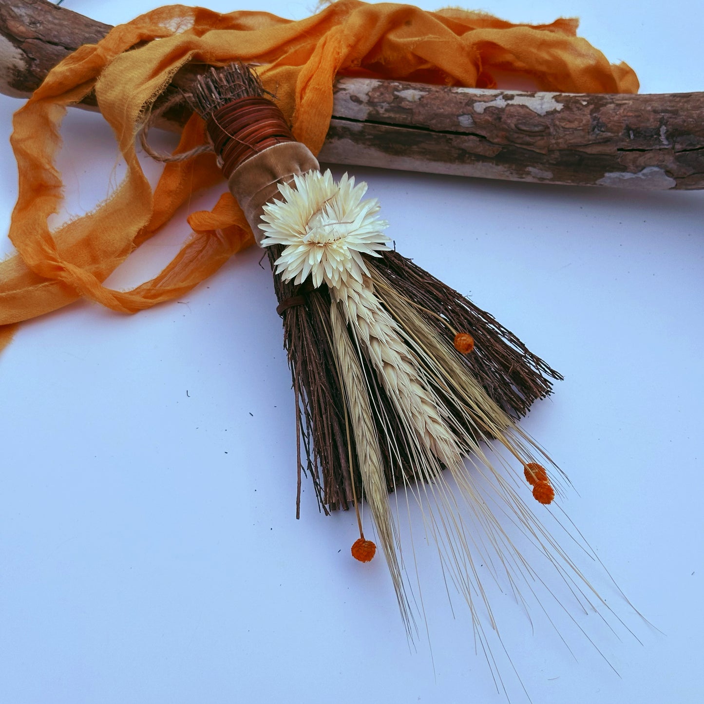 Decorated Cinnamon Broom with Dried Autumn Harvest Florals