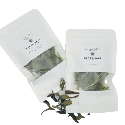black sage loose incense in white paper pouch 