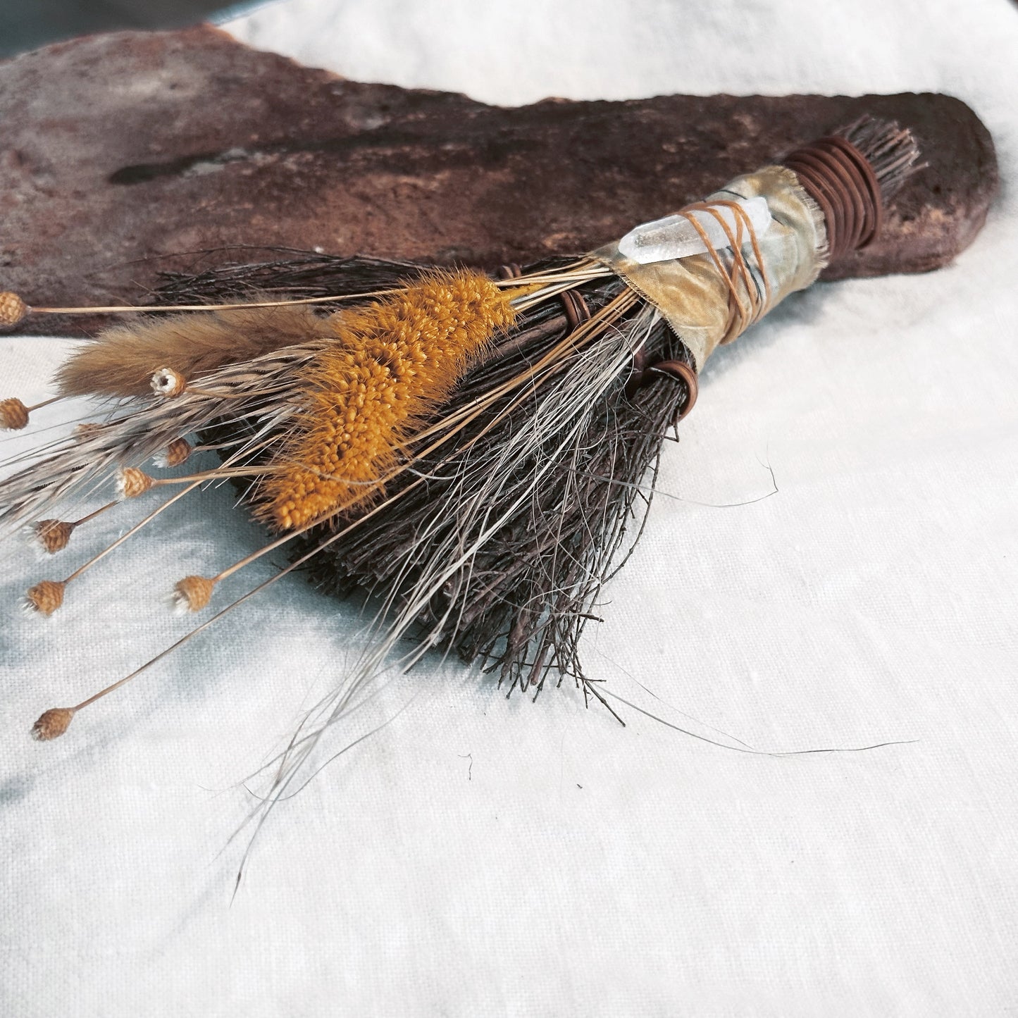 RUSTIC BESOM BROOM + Quartz Healing Crystal