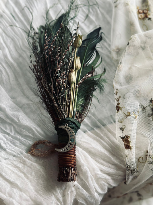 Cinnamon and Pine Besom Broom with Moon Charm