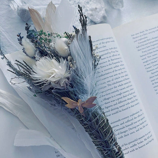 cedar smudge stick with dried flowers and silk ribbons