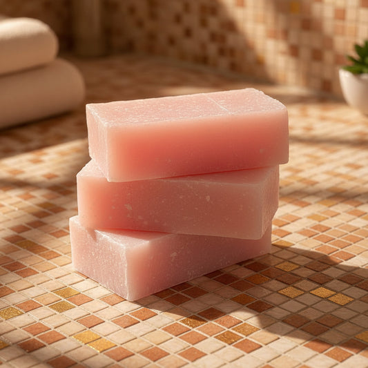 Three pink soap bars stacked on a textured white surface with a dark background