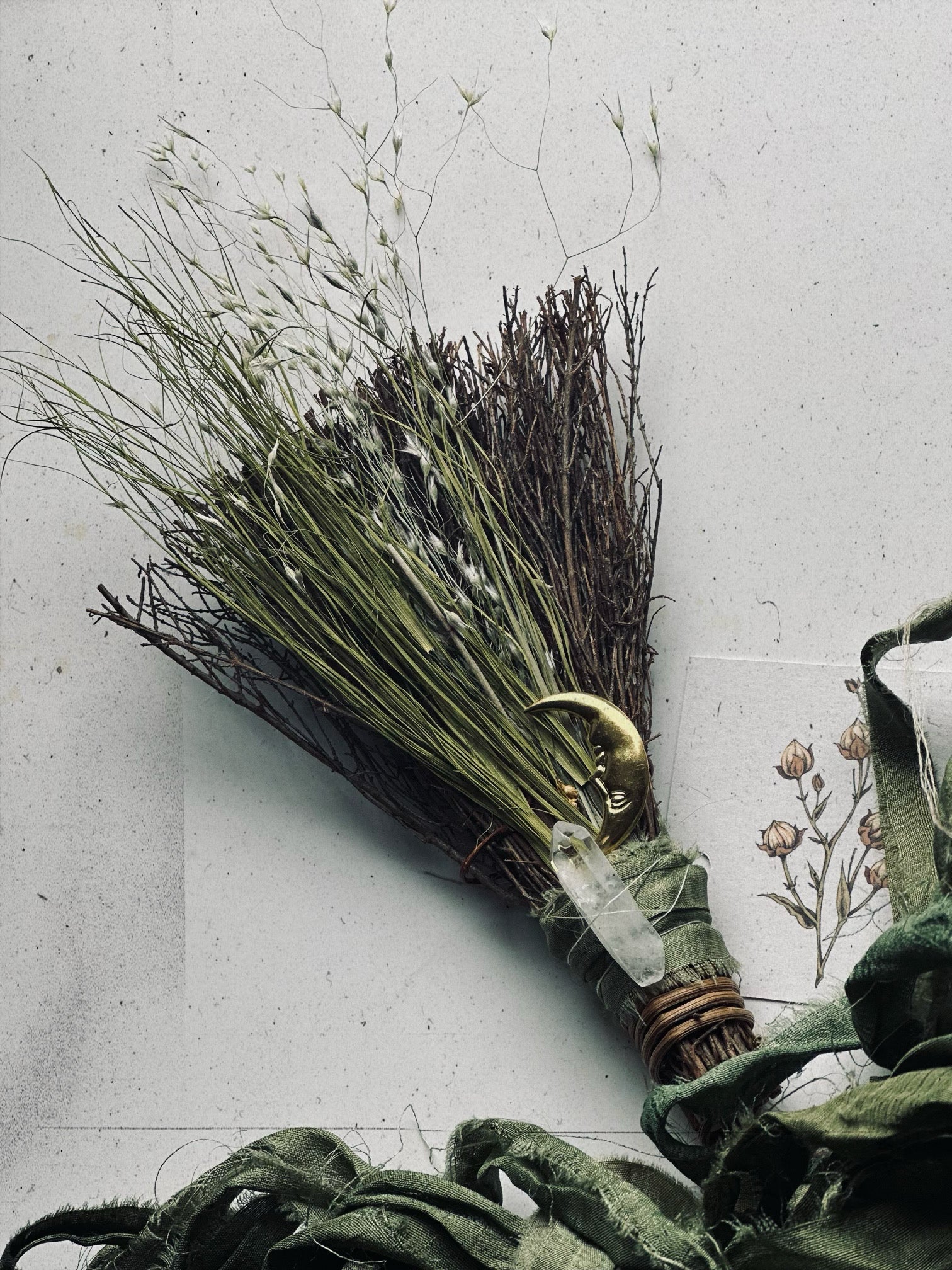 Sacred Grove botanical besom broom with clear quartz and crescent moon charm