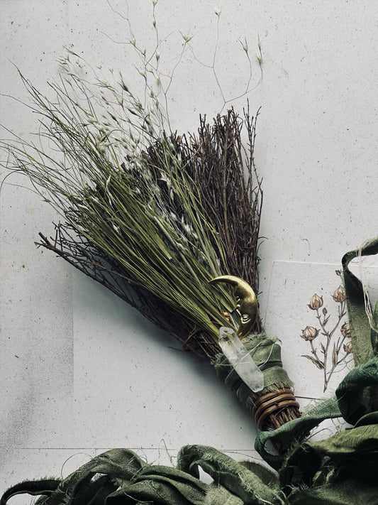 Sacred Grove botanical besom broom with clear quartz and crescent moon charm