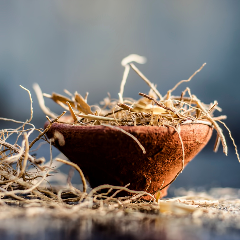 Rustic brown bowl filled with vetiver root against a blurred natural background