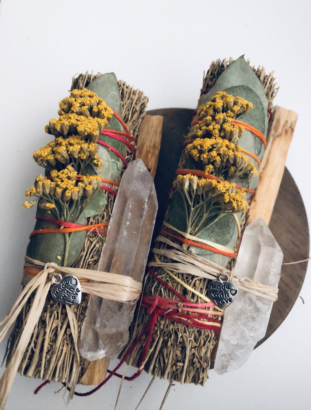 smudge stick with desert sage, yarrow , eucalyptus and quartz crystal